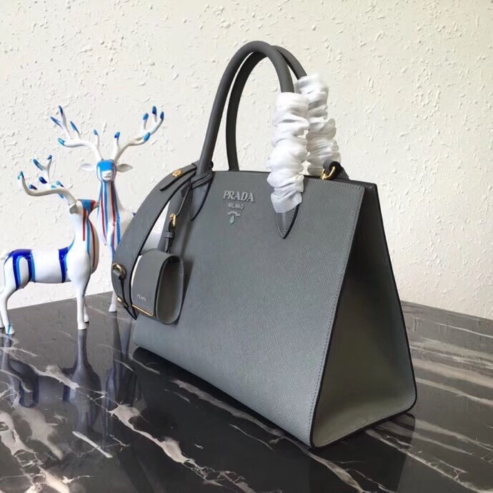 pra*a large monoCh*0me bag in grey saffiano leather