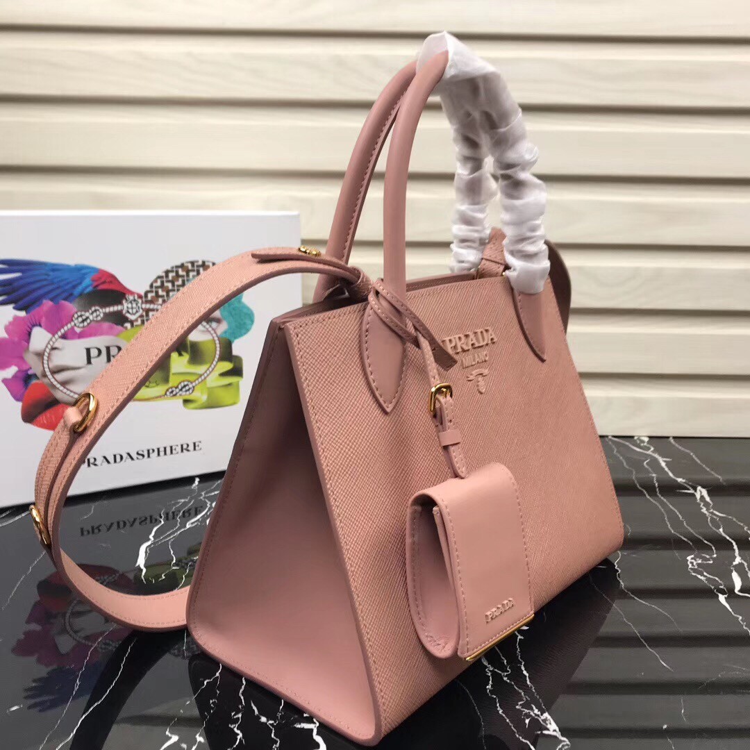 pra*a large monoCh*0me bag in nude saffiano leather