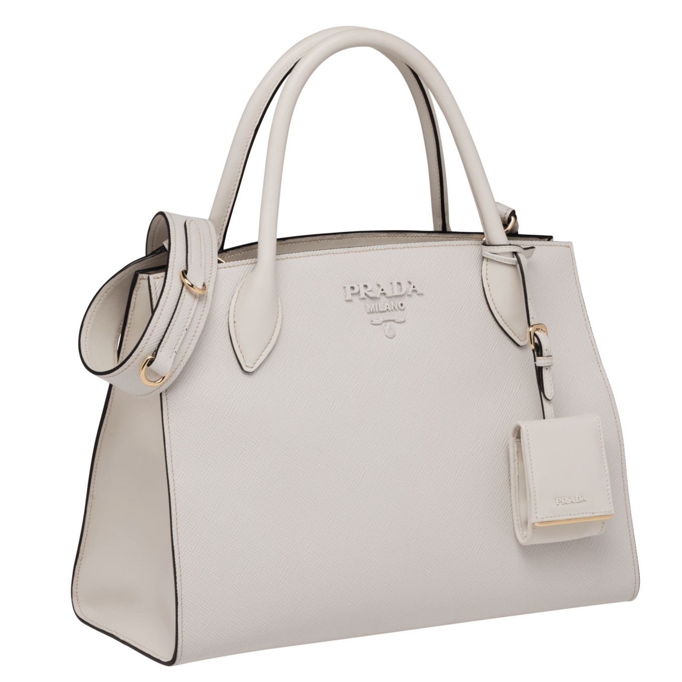 pra*a large monoCh*0me bag in white saffiano leather