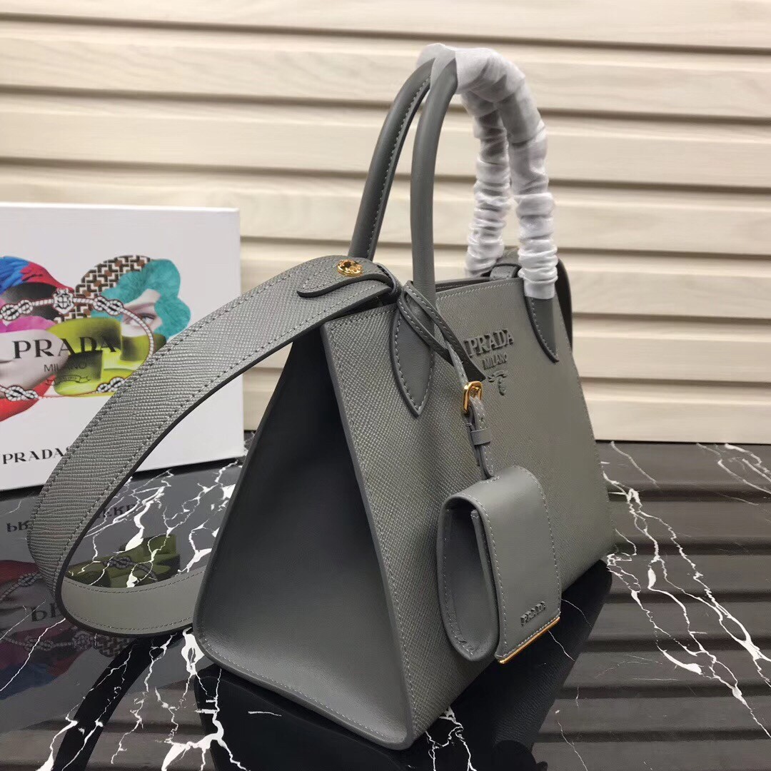 pra*a monoCh*0me bag in grey saffiano leather