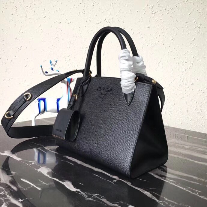 pra*a monoCh*0me bag in black saffiano leather