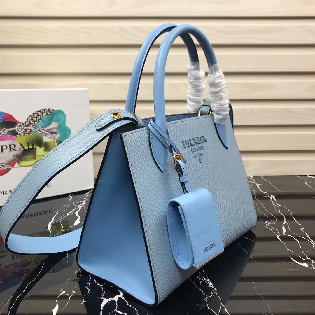 pra*a monoCh*0me bag in pale blue saffiano leather