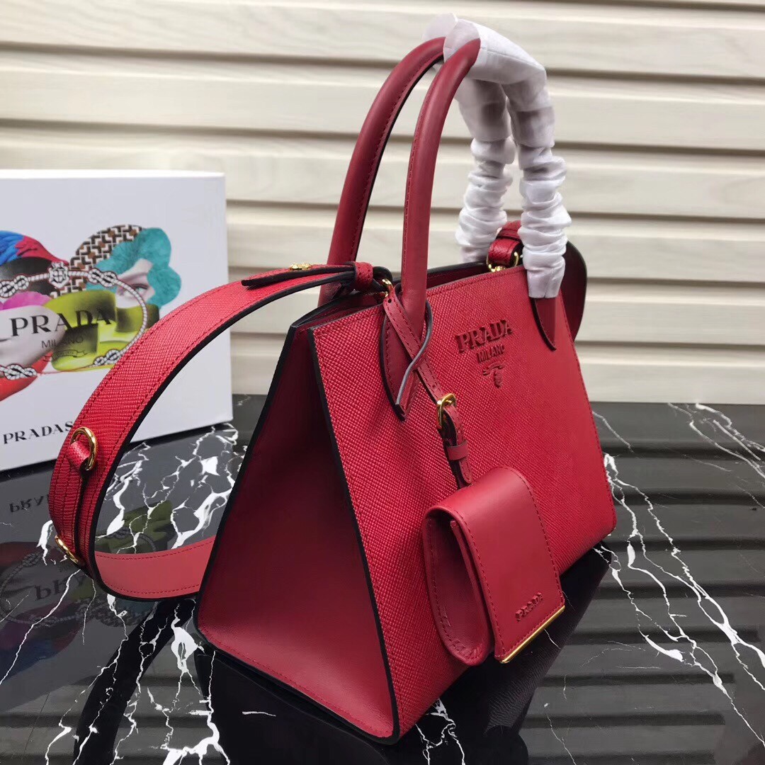 pra*a monoCh*0me bag in red saffiano leather
