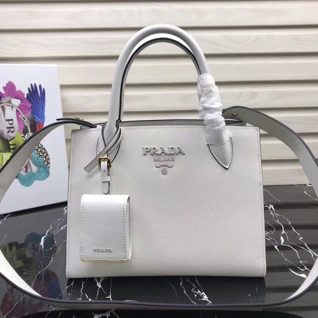 pra*a monoCh*0me bag in white saffiano leather