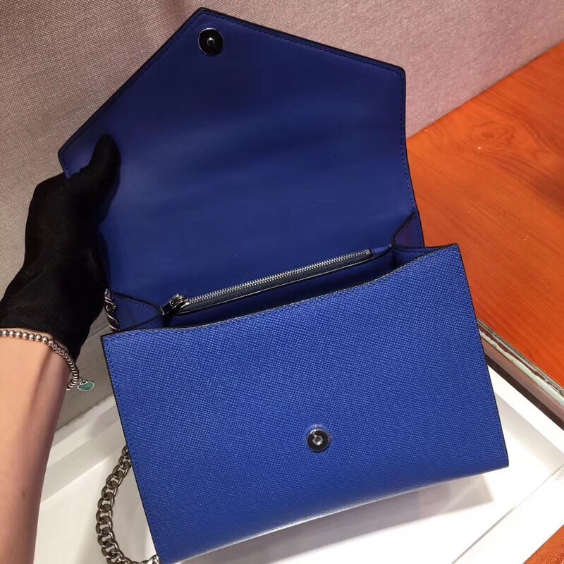 pra*a monoCh*0me top handle bag in blue saffiano leather
