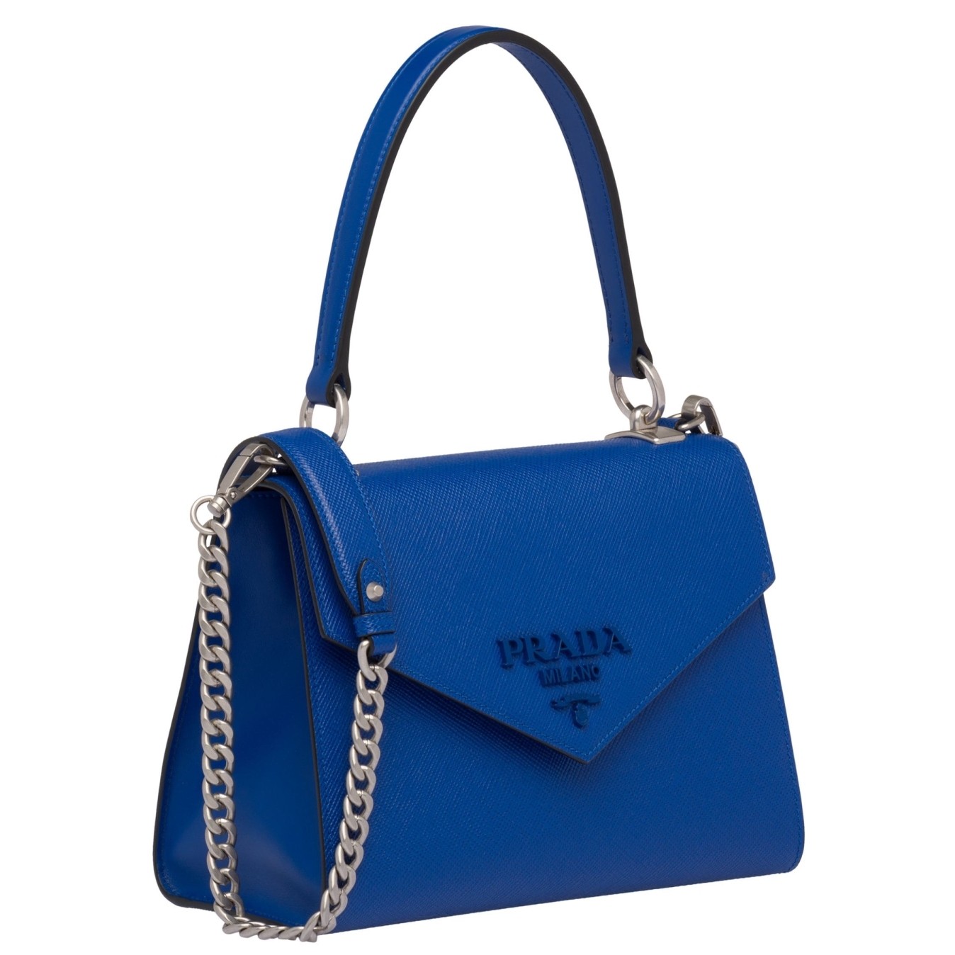 pra*a monoCh*0me top handle bag in blue saffiano leather
