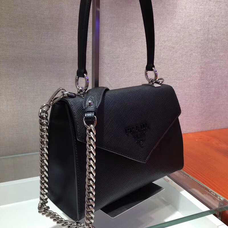 pra*a monoCh*0me top handle bag in black saffiano leather