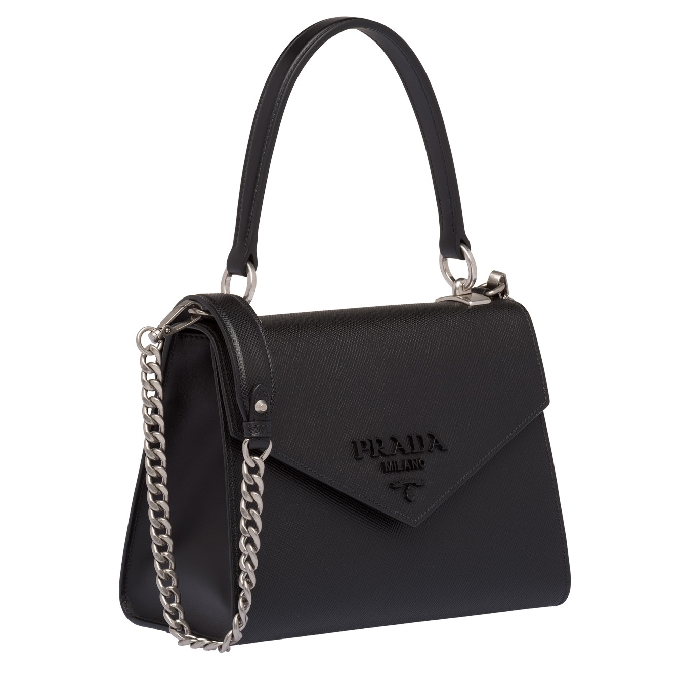 pra*a monoCh*0me top handle bag in black saffiano leather
