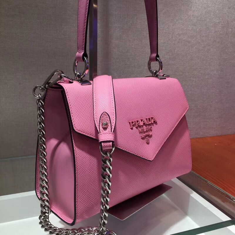 pra*a monoCh*0me top handle bag in pink saffiano leather