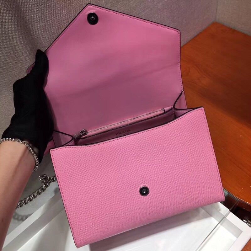 pra*a monoCh*0me top handle bag in pink saffiano leather