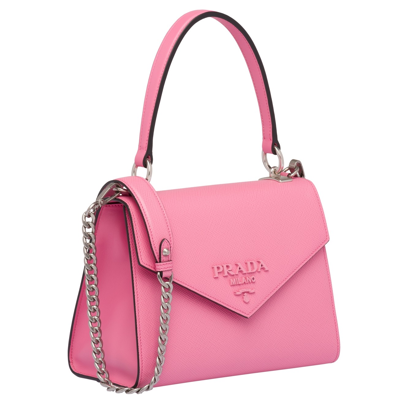 pra*a monoCh*0me top handle bag in pink saffiano leather