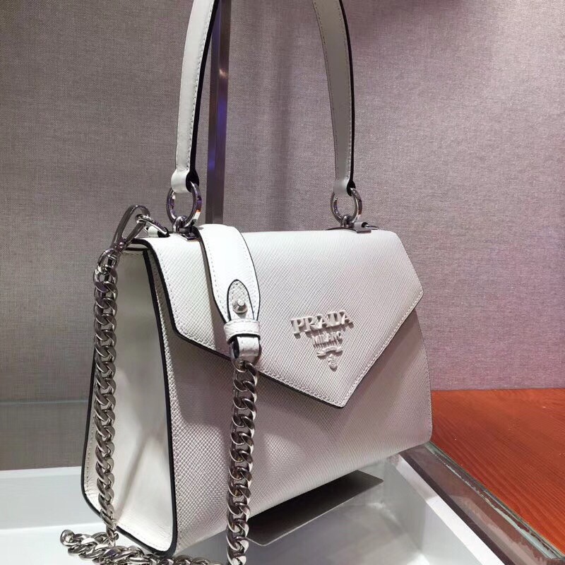 pra*a monoCh*0me top handle bag in white saffiano leather