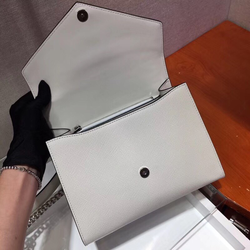 pra*a monoCh*0me top handle bag in white saffiano leather