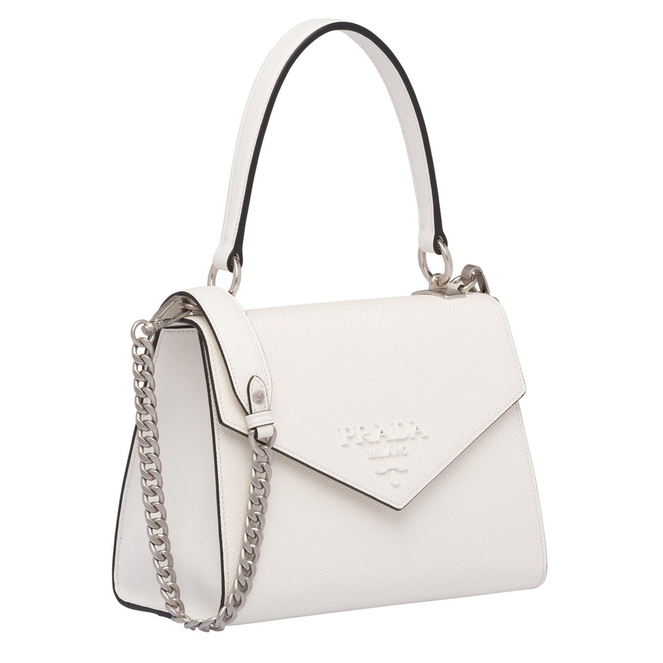 pra*a monoCh*0me top handle bag in white saffiano leather