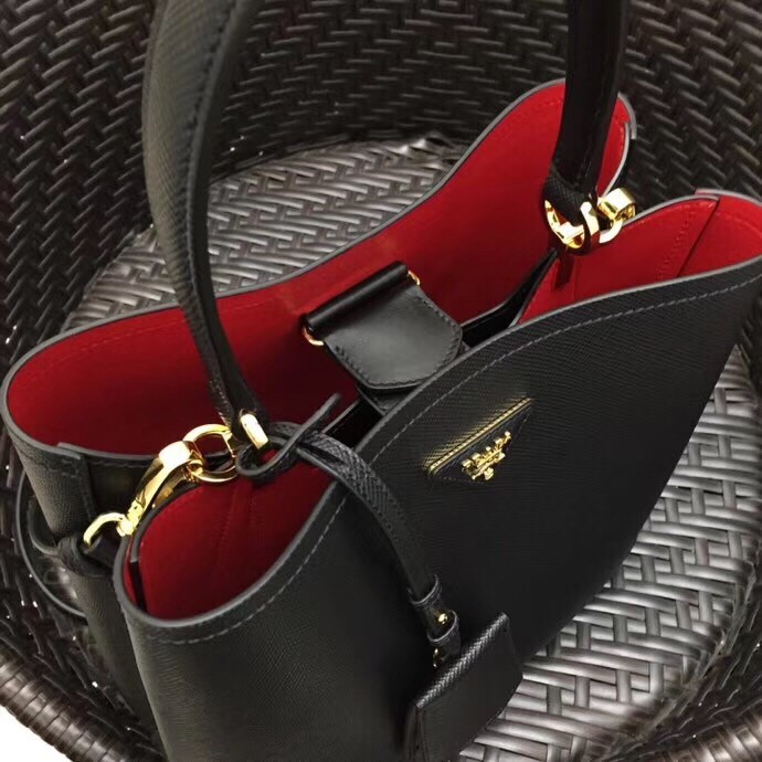 Pra*a black saffiano leather double bag