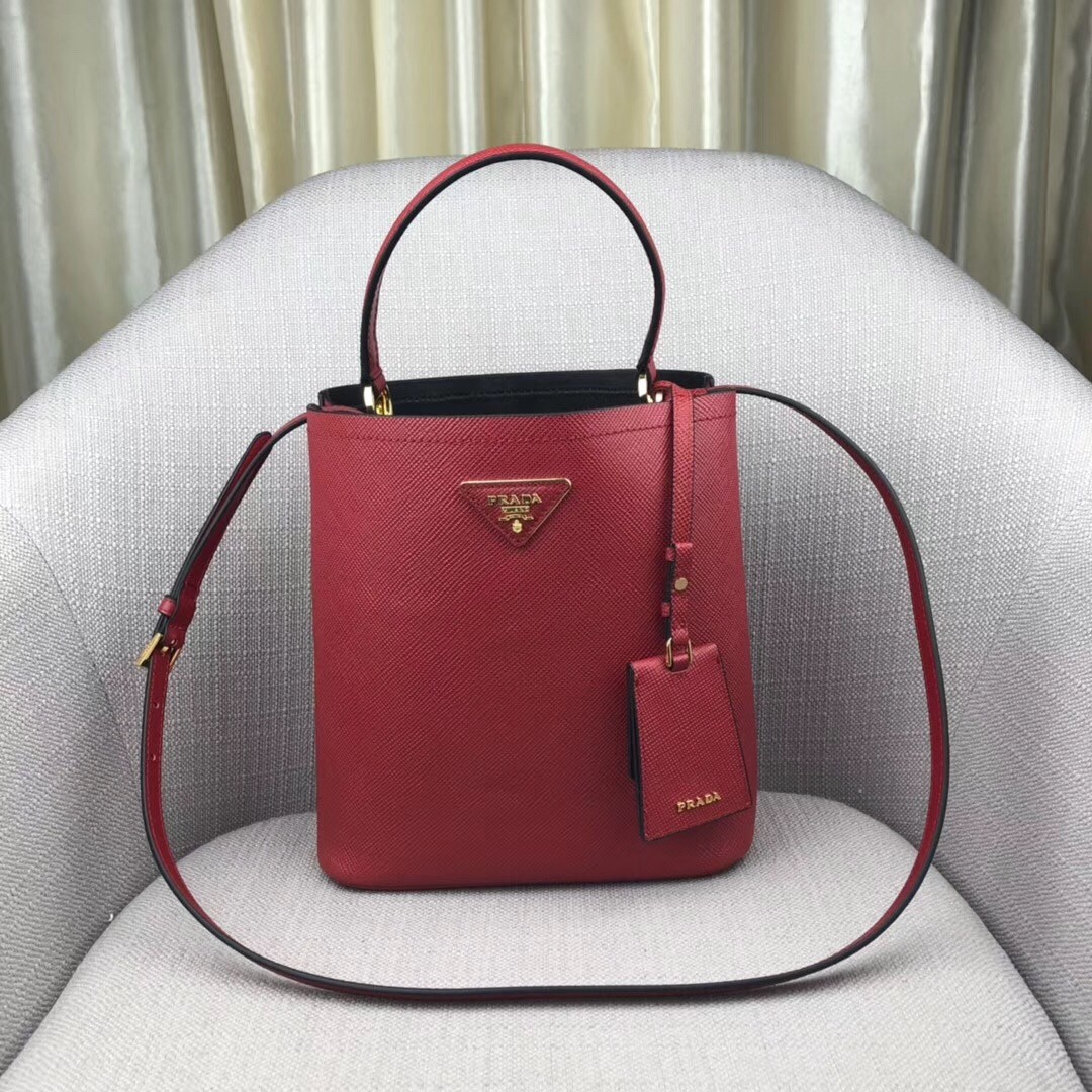 pra*a red saffiano N0*H south double medium bag