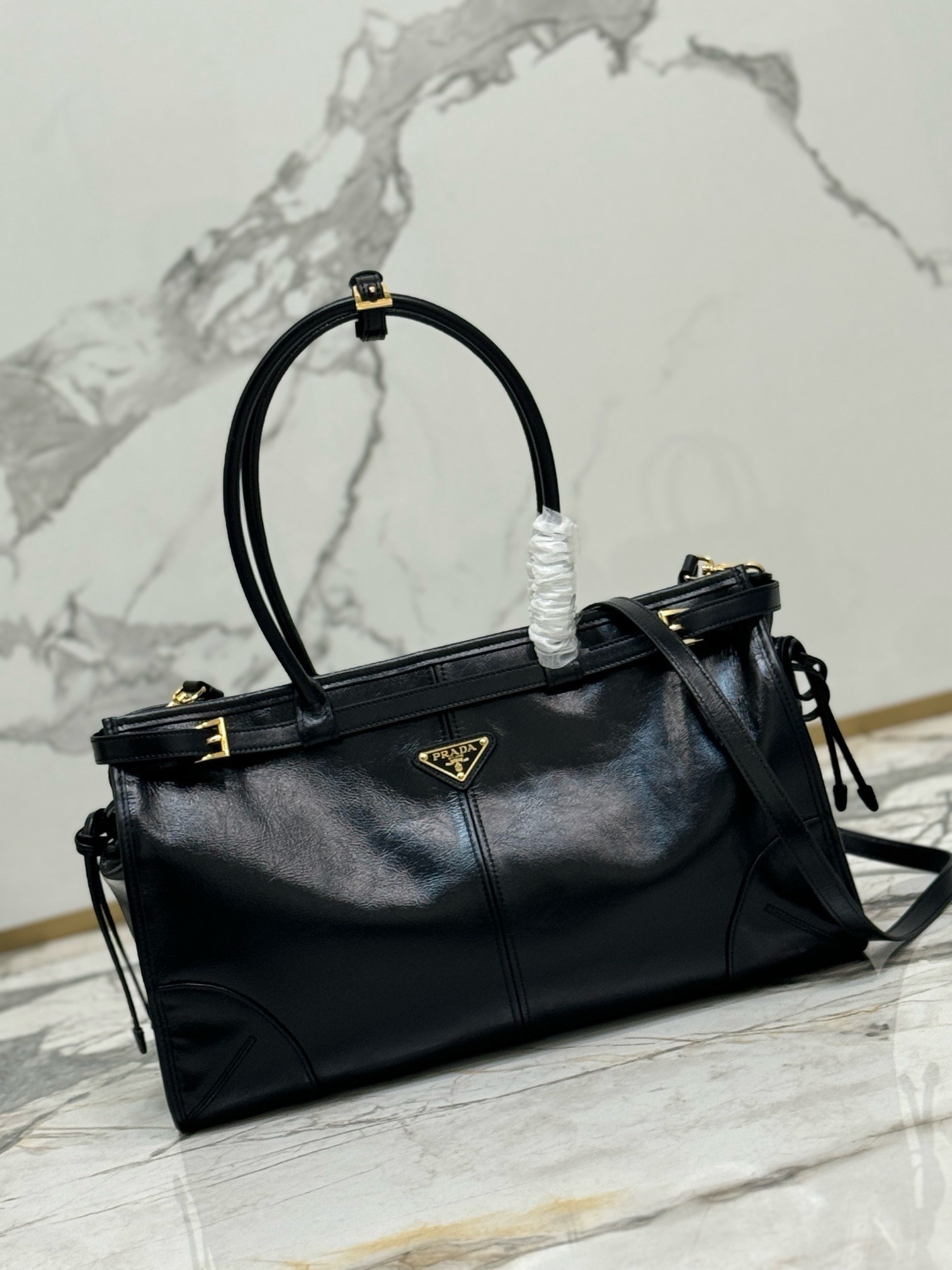 Pra*a large tote bag in black soft leather