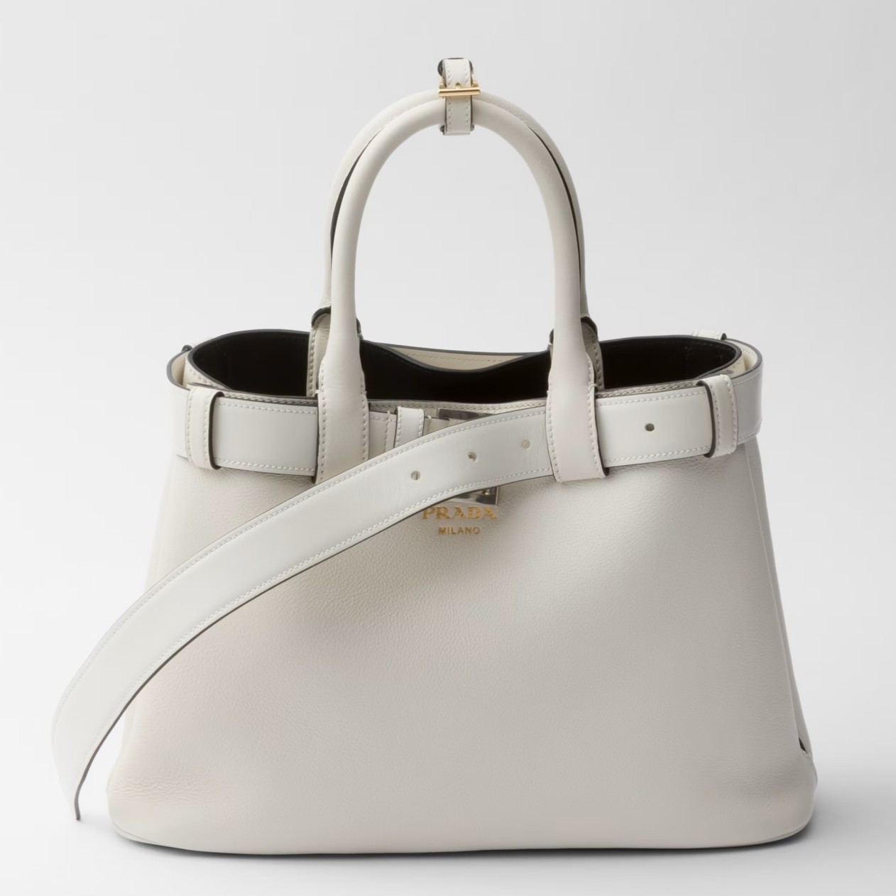Pra*a buckle medium bag with belt in white leather