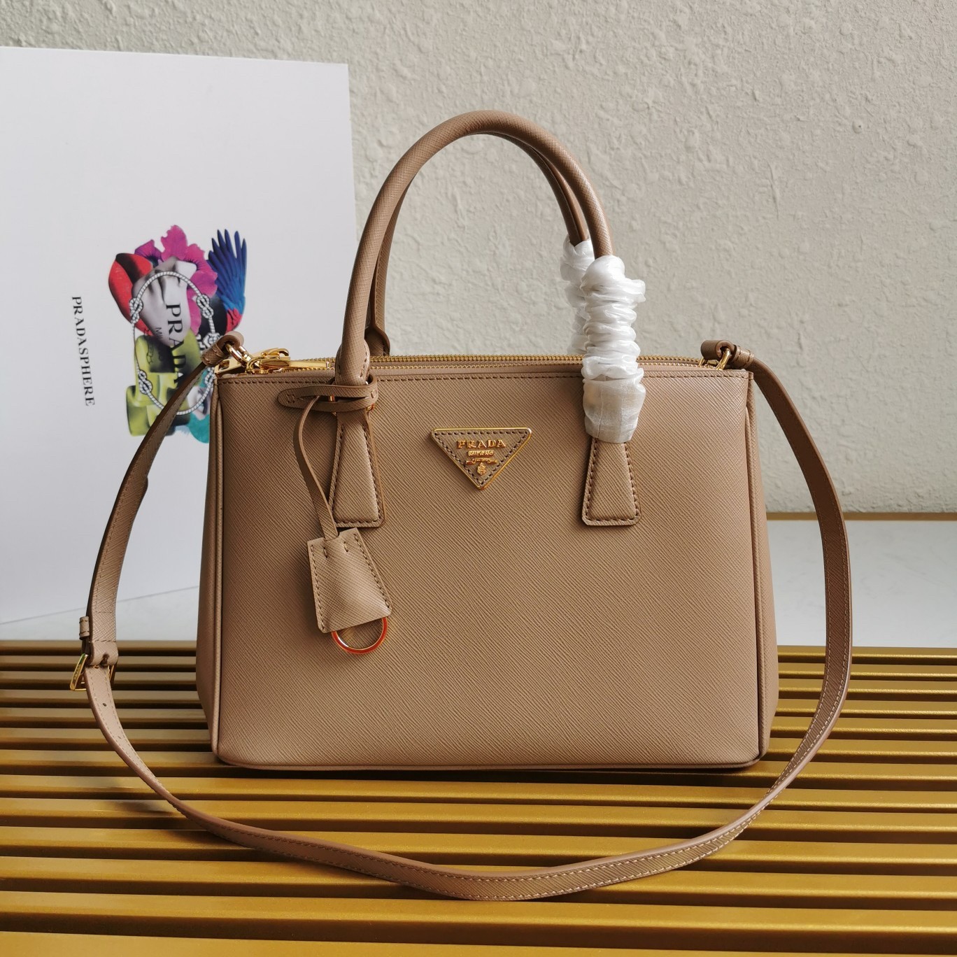 Pra*a small galleria bag in beige saffiano leather