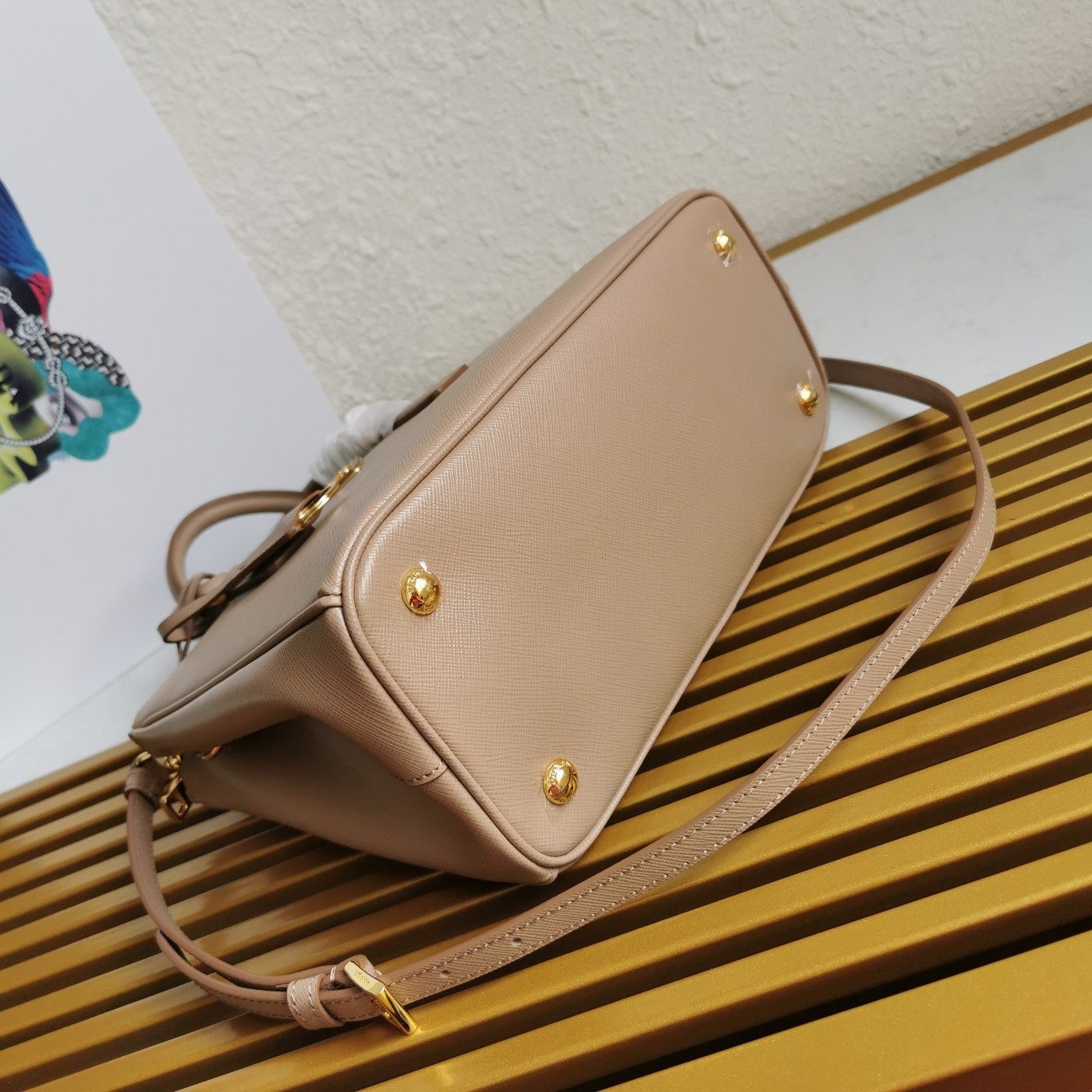 Pra*a small galleria bag in beige saffiano leather