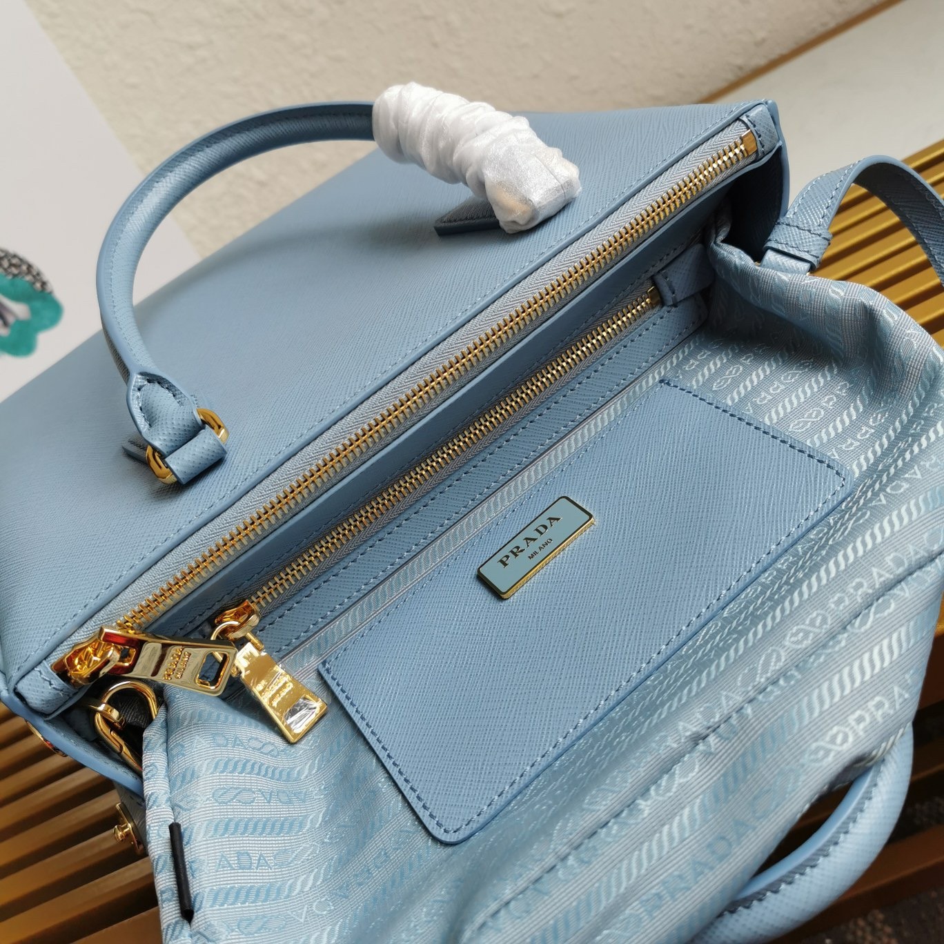 Pra*a small galleria bag in celeste saffiano leather