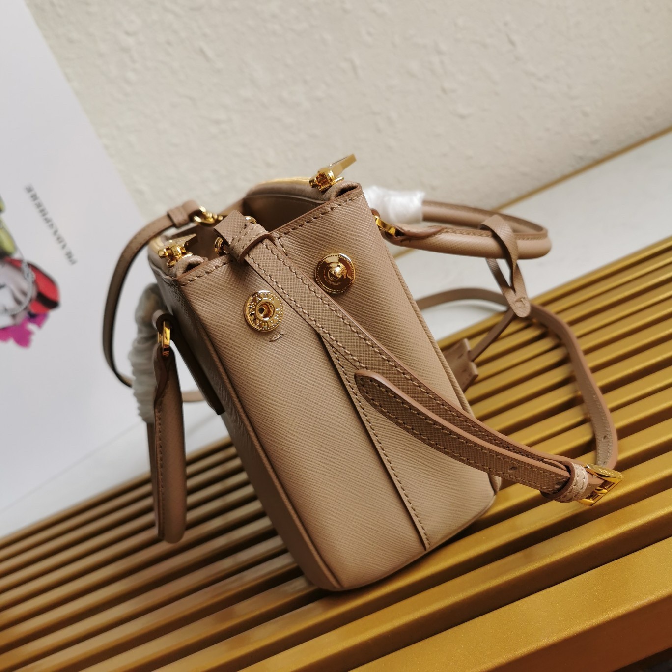 Pra*a mini galleria bag in beige saffiano leather