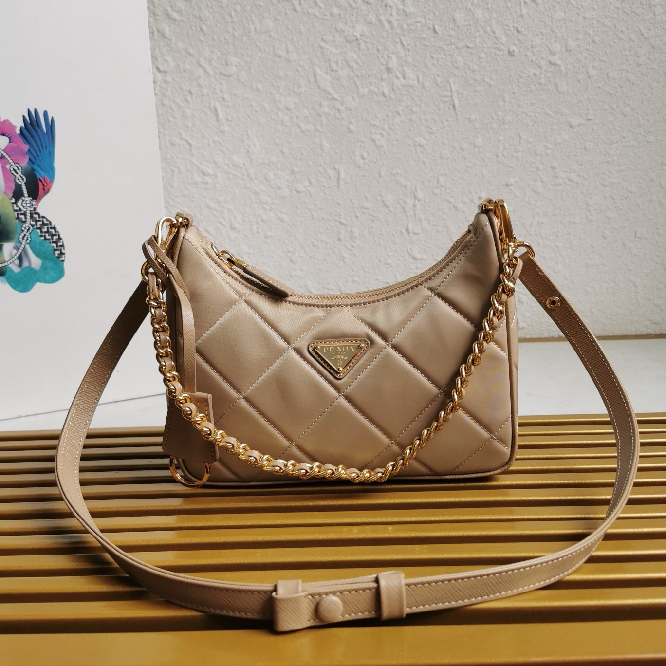 Pra*a re-edition 1995 chaine mini bag in beige re-nylon