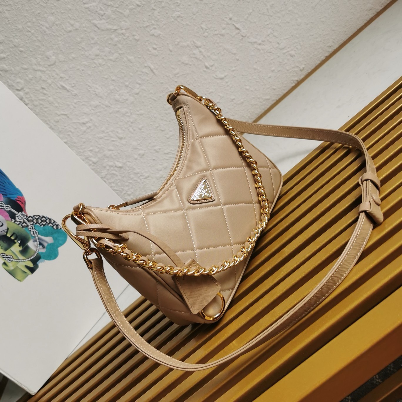 Pra*a re-edition 1995 chaine mini bag in beige re-nylon