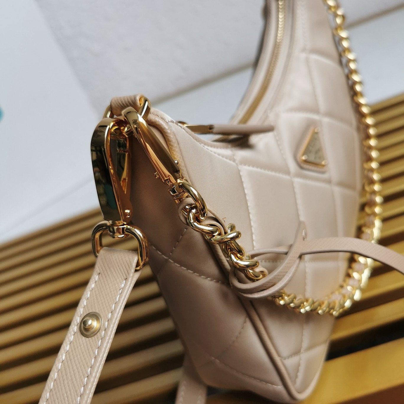 Pra*a re-edition 1995 chaine mini bag in beige re-nylon