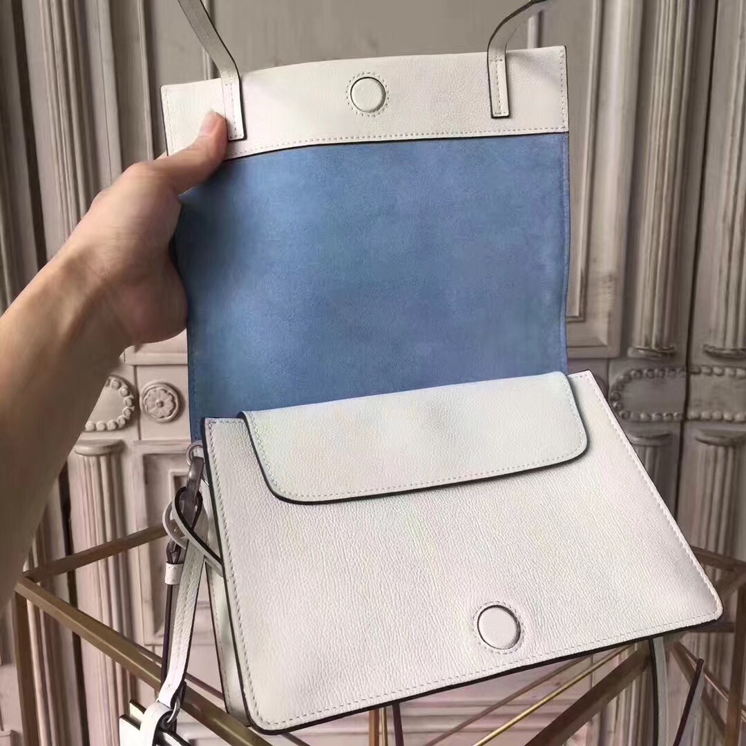Pra*a etiquette bag in white calfskin with metal stud trim
