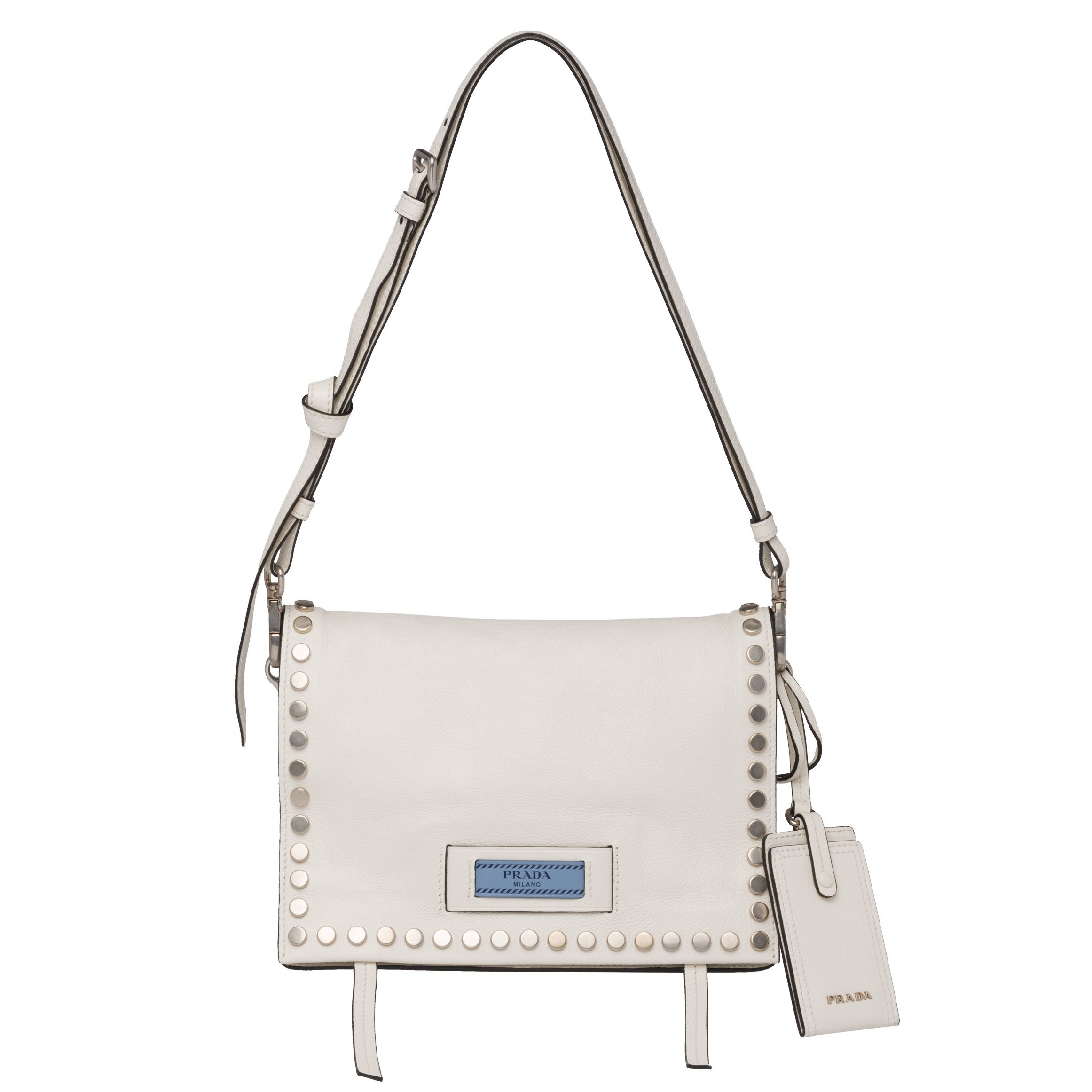 Pra*a etiquette bag in white calfskin with metal stud trim