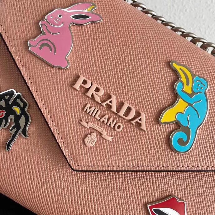pra*a nude monoCh*0me flap bag with metal appliques
