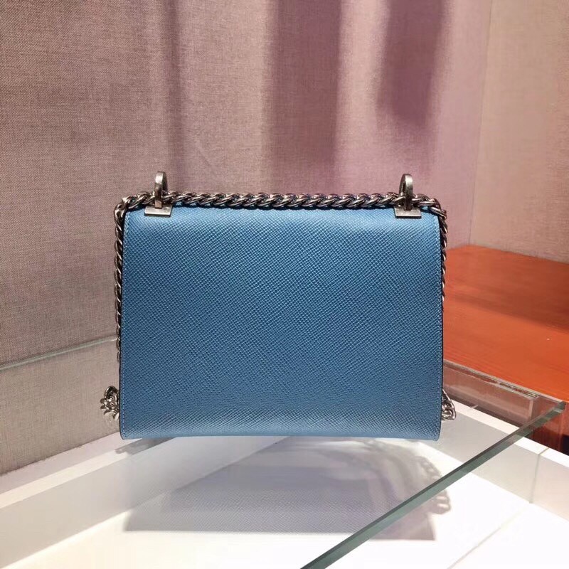 pra*a monoCh*0me flap bag in blue saffiano leather