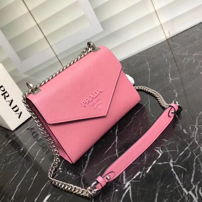 pra*a monoCh*0me flap bag in begonia pink saffiano leather