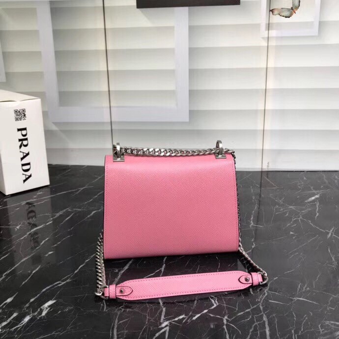 pra*a monoCh*0me flap bag in begonia pink saffiano leather