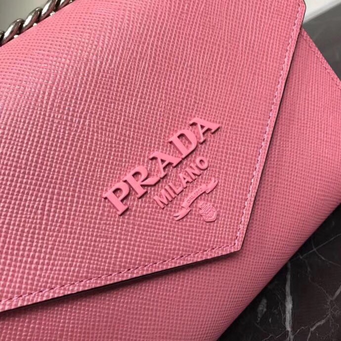 pra*a monoCh*0me flap bag in begonia pink saffiano leather