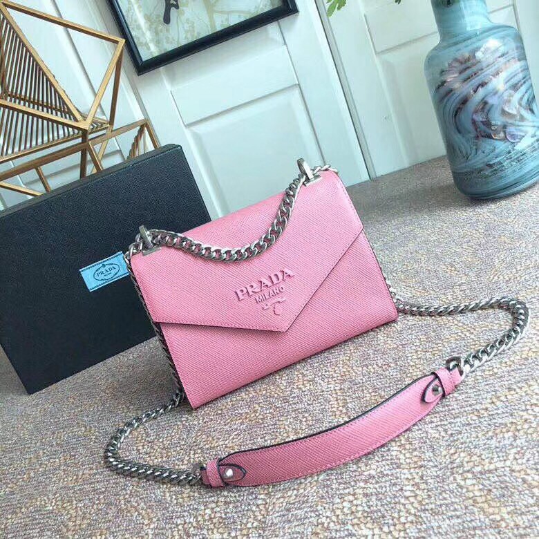 pra*a monoCh*0me flap bag in petal pink saffiano leather