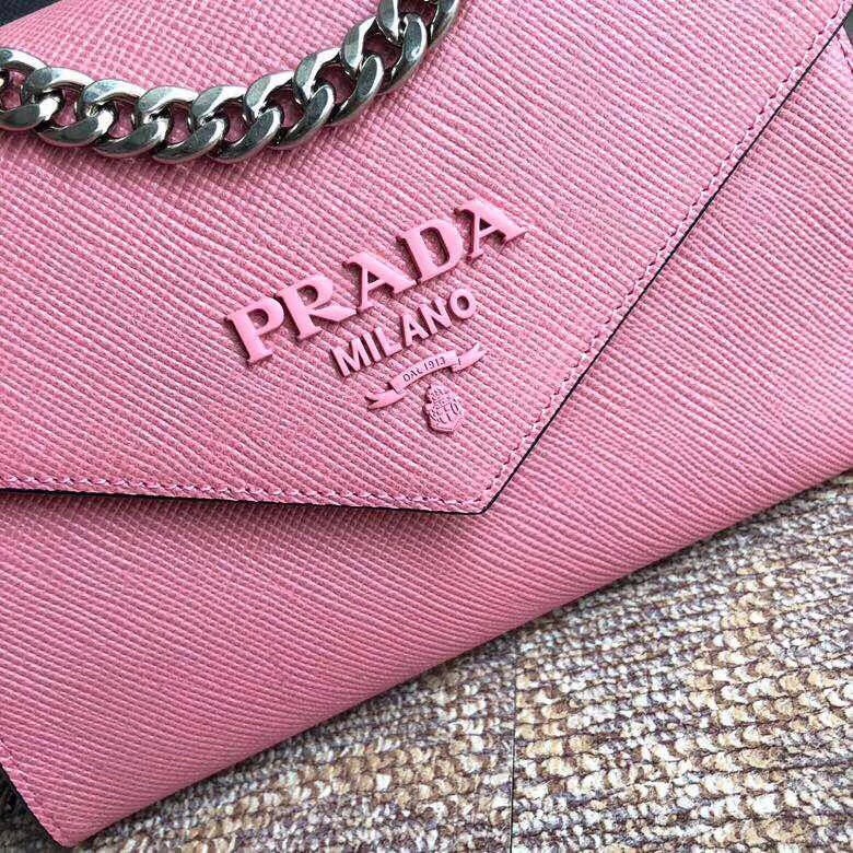 pra*a monoCh*0me flap bag in petal pink saffiano leather