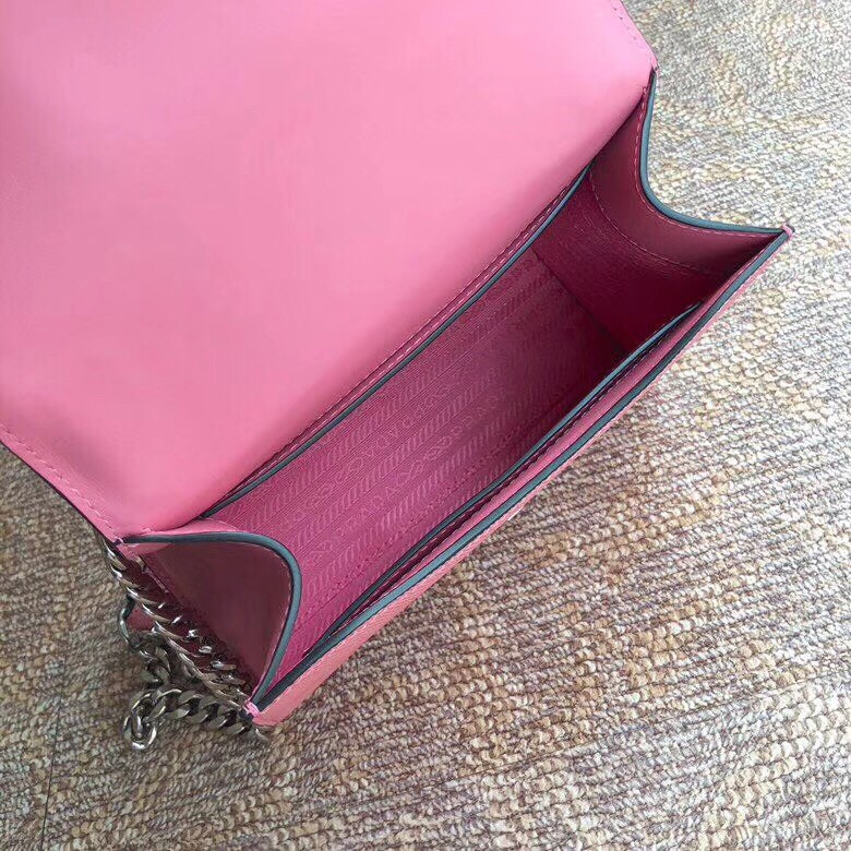 pra*a monoCh*0me flap bag in petal pink saffiano leather