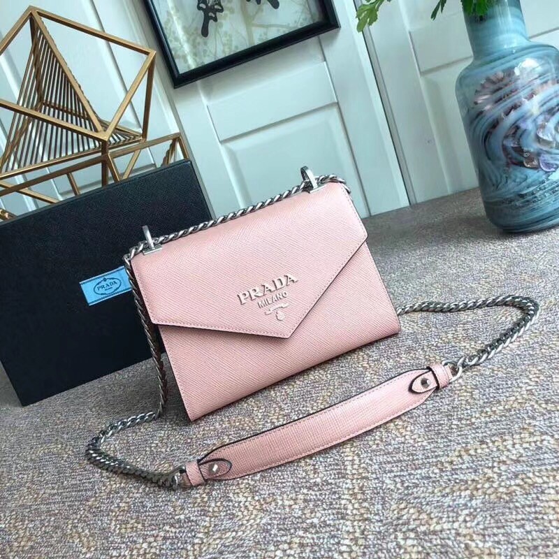 pra*a monoCh*0me flap bag in powder pink saffiano leather