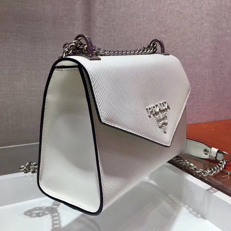 pra*a monoCh*0me flap bag in white saffiano leather