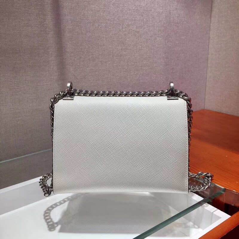 pra*a monoCh*0me flap bag in white saffiano leather