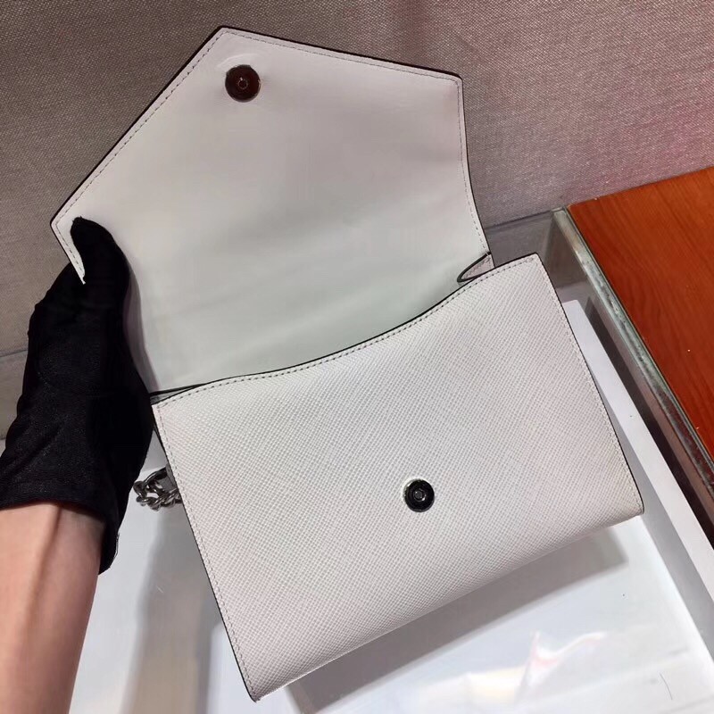pra*a monoCh*0me flap bag in white saffiano leather