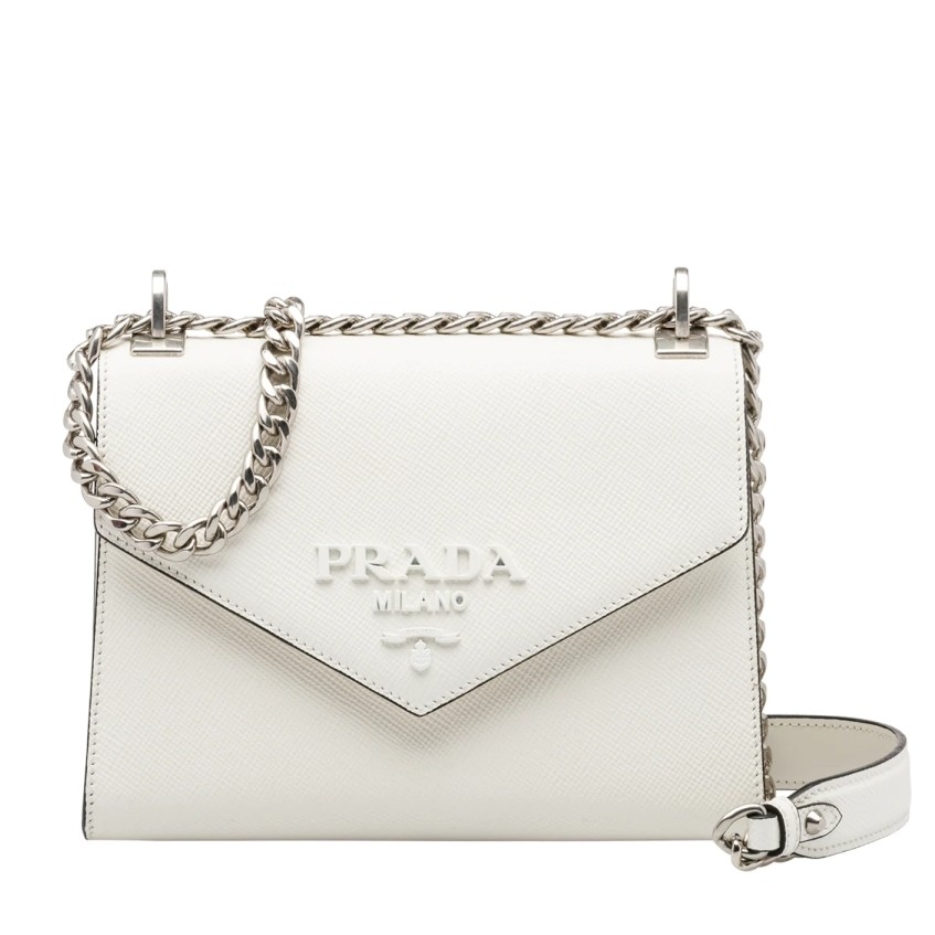 pra*a monoCh*0me flap bag in white saffiano leather