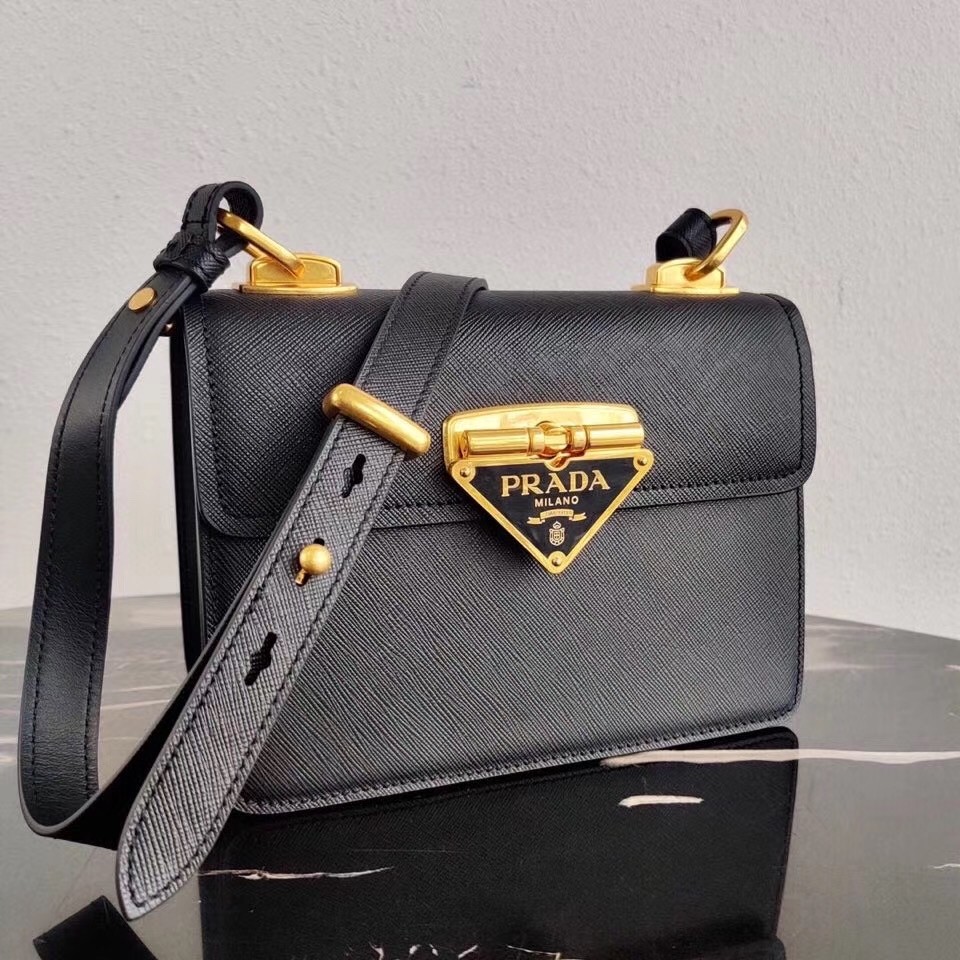 Pra*a symbole shoulder bag in black saffiano leather