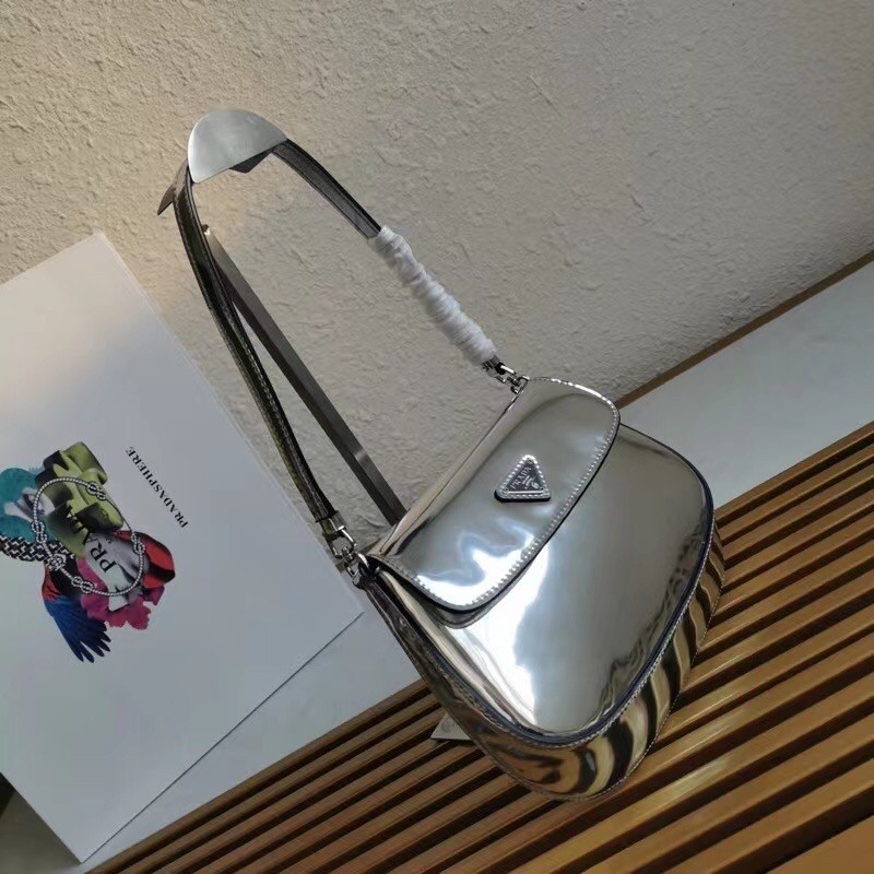 Pra*a silver brushed leather cleo shoulder bag with flap