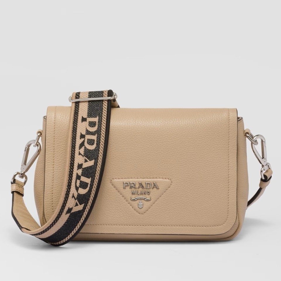 Pra*a flap shoulder bag in sand grained leather