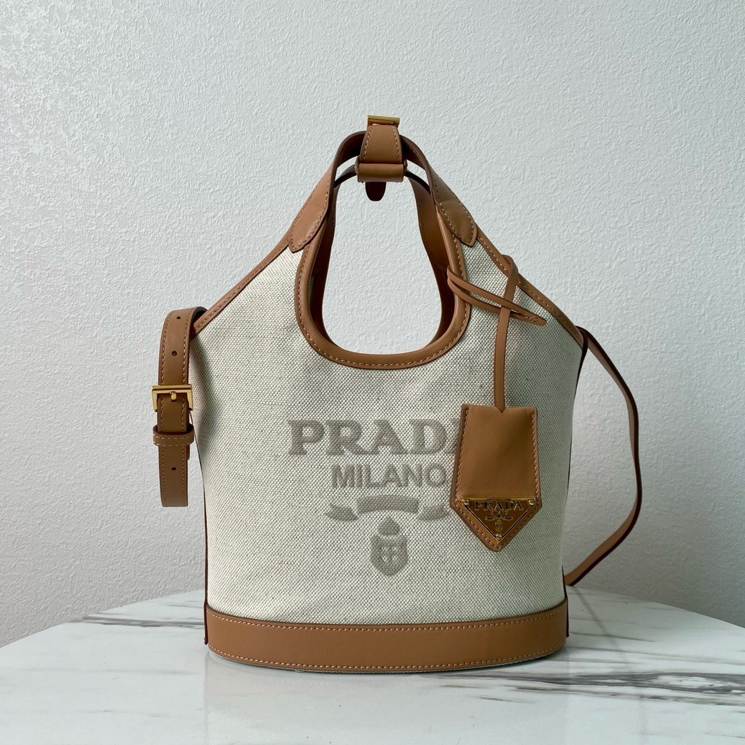 Pra*a mini buckle bag in linen blend and leather