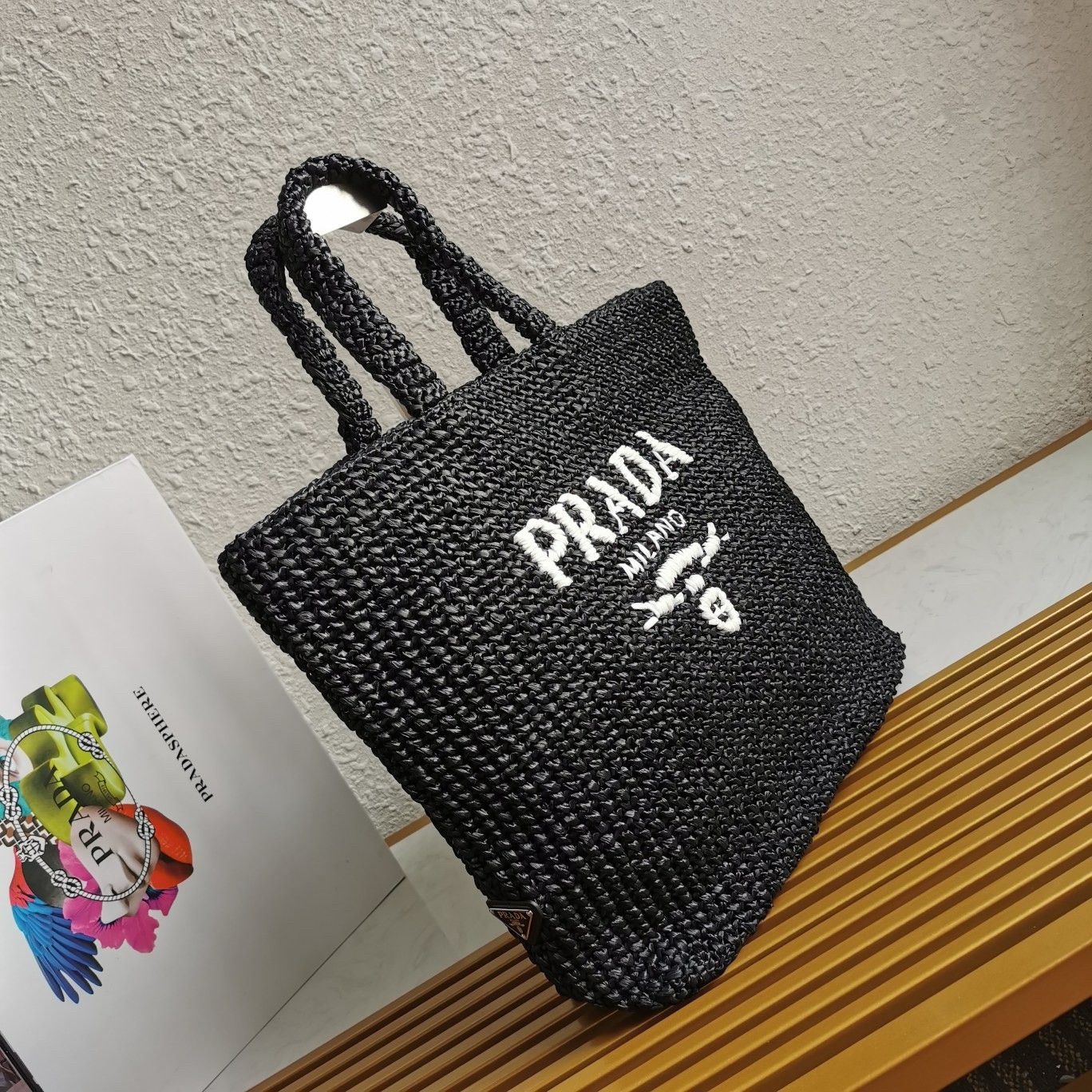 Pra*a large crochet tote bag in black raffia-effect yarn