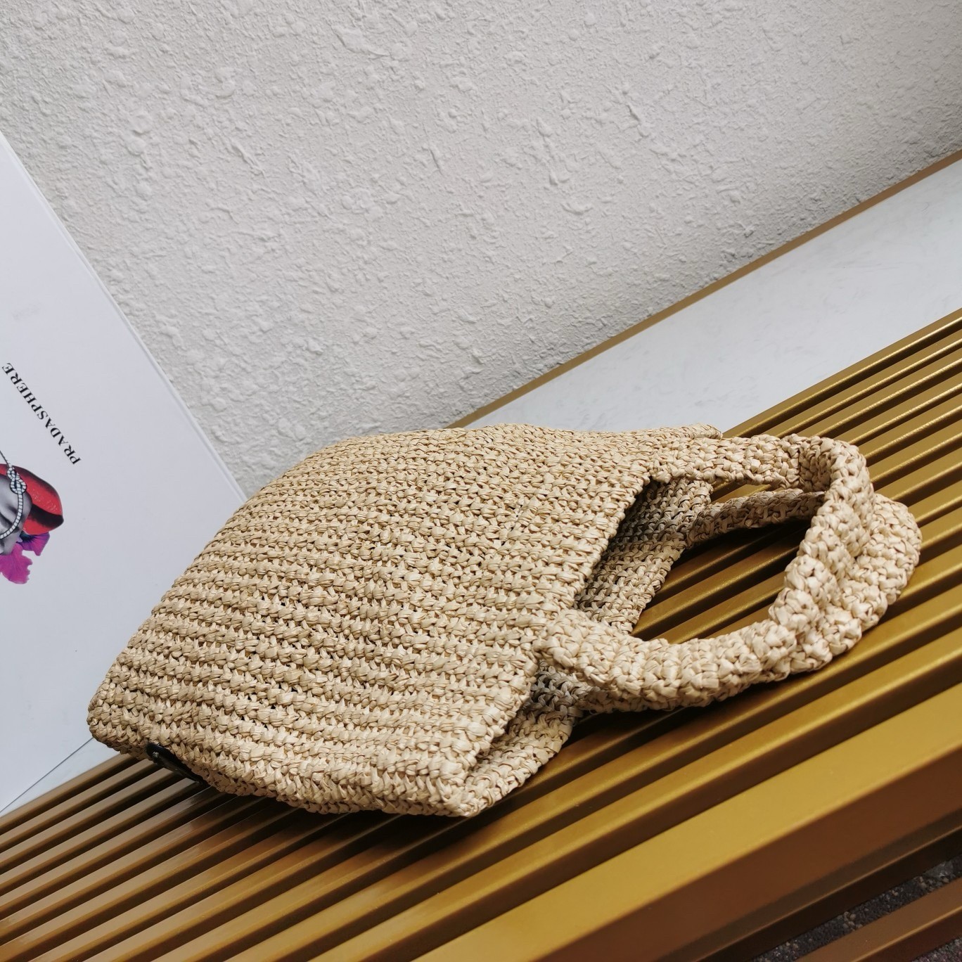 Pra*a small crochet tote bag in beige raffia-effect yarn